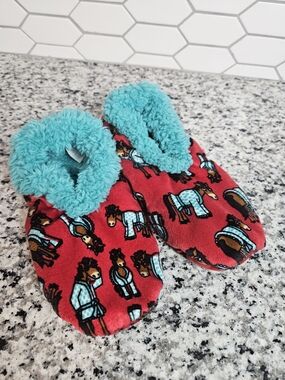 Lazy One Red Horse-Print Slippers with Teal Plush Lining